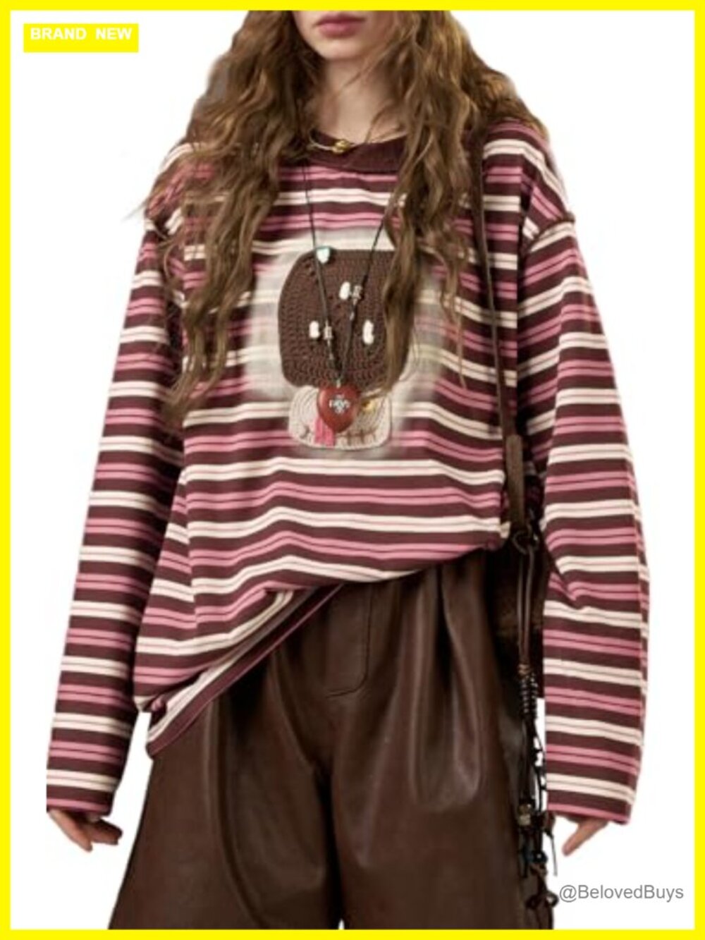 Oversized Striped Long Sleeve Graphic Tee Exposed Seam Slouchy Fit Womens Top